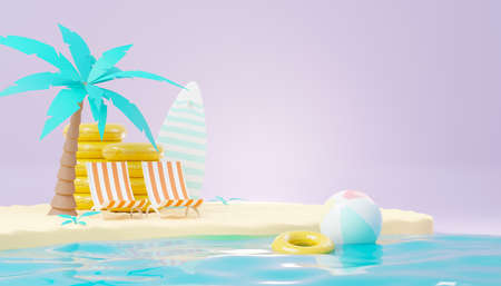 3d render Summer sale podium stand for showing product. Beach Vacations Scene in Summer for mock up.