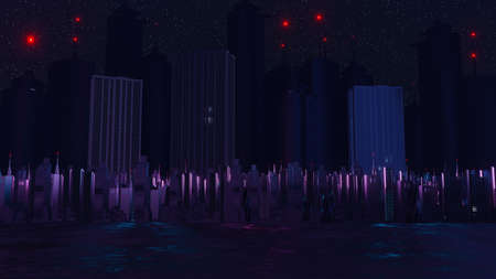 3d render of Cyber night city landscape concept. Light glowing on dark scene. Night life. Technology network for 5g. Beyond generation and futuristic of Sci-Fi Capital city and building scene.の写真素材