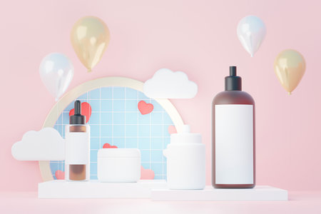 3d render of blank cosmetics skincare product or packaging for mock up. Beauty soap and spa concept. Lotion oil moisture for skin health. Premium and luxury design for branding.の写真素材