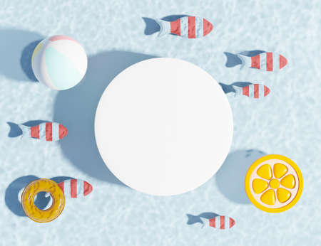 3d render top view of white blank cylinder frame for mock up and display products with water Caustics below swimming pool or shiny rays. Ripple Caustics. Summer background. Creative idea concept.の写真素材