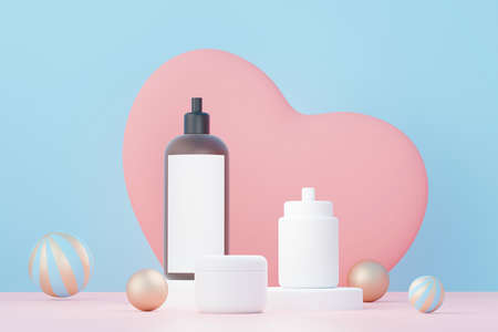 3d render of blank cosmetics skincare product or packaging for mock up. Beauty soap and spa concept. Lotion oil moisture for skin health. Premium and luxury design for branding.の写真素材