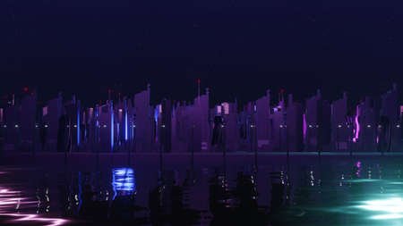 3d render of Cyber night city landscape concept. Light glowing on dark scene. Night life. Technology network for 5g. Beyond generation and futuristic of Sci-Fi Capital city and building scene.の写真素材