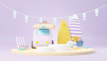 3d render Summer sale podium stand for showing product. Beach Vacations Scene in Summer for mock up.の写真素材