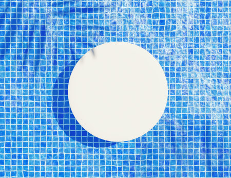 3d render top view of white blank cylinder frame for mock up and display products with water Caustics below swimming pool or shiny rays. Ripple Caustics. Summer background. Creative idea concept.の写真素材