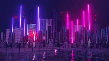 3d render of Cyber night city landscape concept. Light glowing on dark scene. Night life. Technology network for 5g. Beyond generation and futuristic of Sci-Fi Capital city and building scene.の写真素材