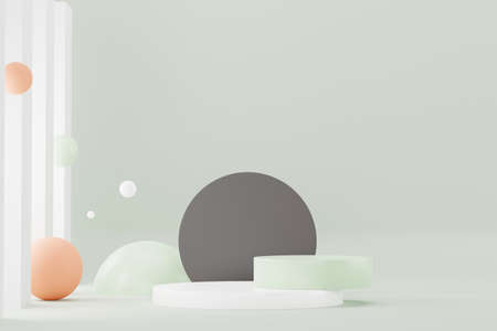 3d render Pastel Green minimal background with podium stand. Green stage platform for cosmetic product presentation and advertising. Studio scene with showcase pedestal in clean design.の写真素材