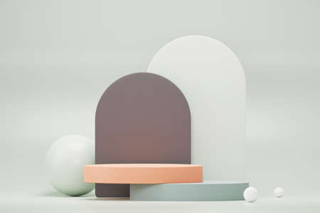3d render Pastel Green minimal background with podium stand. Green stage platform for cosmetic product presentation and advertising. Studio scene with showcase pedestal in clean design.の写真素材