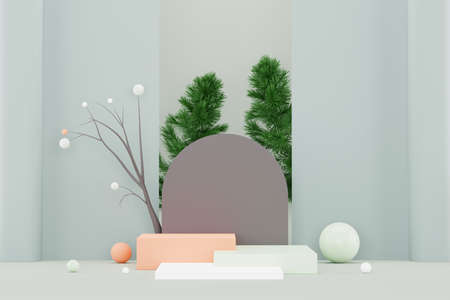 3d render Pastel Green minimal background with podium stand. Green stage platform for cosmetic product presentation and advertising. Studio scene with showcase pedestal in clean design.の写真素材