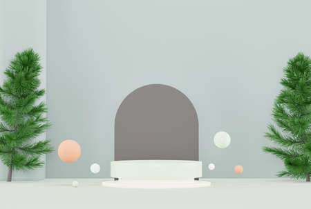 3d render Pastel Green minimal background with podium stand. Green stage platform for cosmetic product presentation and advertising. Studio scene with showcase pedestal in clean design.の写真素材