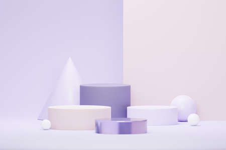 3d render Pastel Green minimal background with podium stand. Purple stage platform for cosmetic product presentation and advertising. Studio scene with showcase pedestal in clean design.の写真素材