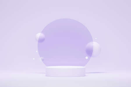 3d render Pastel Green minimal background with podium stand. Purple stage platform for cosmetic product presentation and advertising. Studio scene with showcase pedestal in clean design.の写真素材