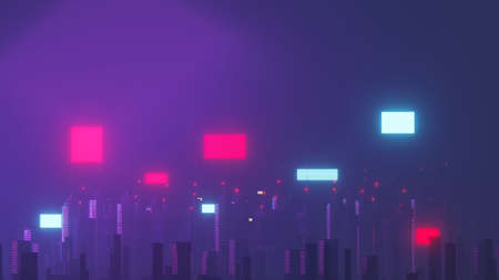 3d render of Cyber night mega city landscape scene. Light glowing and reflection on dark tech scene. Night life. Technology network for 5g. Beyond futuristic of Sci-Fi Capital city and building scene.の写真素材