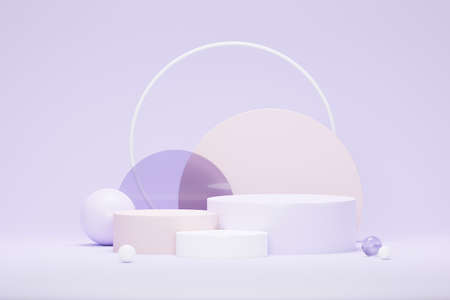 3d render Pastel Green minimal background with podium stand. Purple stage platform for cosmetic product presentation and advertising. Studio scene with showcase pedestal in clean design.の写真素材