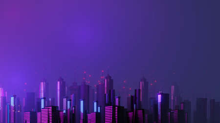 3d render of Cyber night mega city landscape scene. Light glowing and reflection on dark tech scene. Night life. Technology network for 5g. Beyond futuristic of Sci-Fi Capital city and building scene.の写真素材