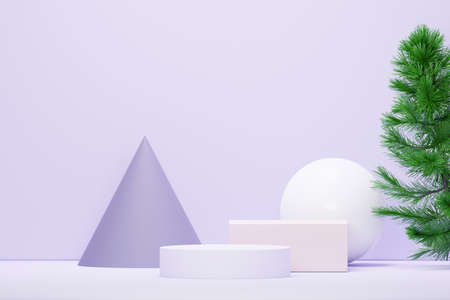 3d render Pastel Green minimal background with podium stand. Purple stage platform for cosmetic product presentation and advertising. Studio scene with showcase pedestal in clean design.の写真素材