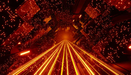 3d render of flash neon and light glowing on dark scene. Speed light moving lines.の写真素材