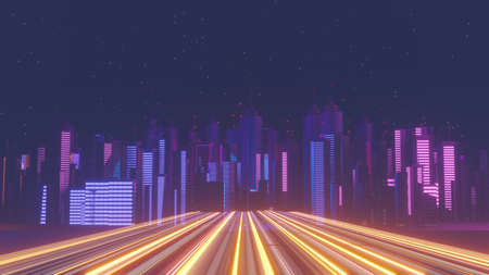 3d render of Cyber night mega city landscape scene. Light glowing and reflection on dark tech scene. Night life. Technology network for 5g. Beyond futuristic of Sci-Fi Capital city and building scene.の写真素材