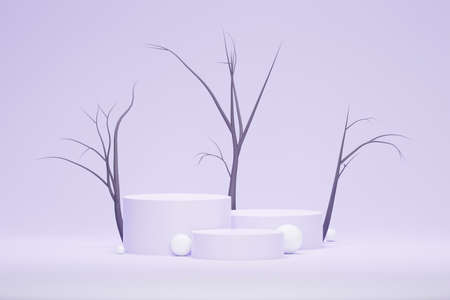 3d render Pastel Purple minimal background with podium stand. Purple stage platform for cosmetic product presentation and advertising. Studio scene with showcase pedestal in clean design.の写真素材