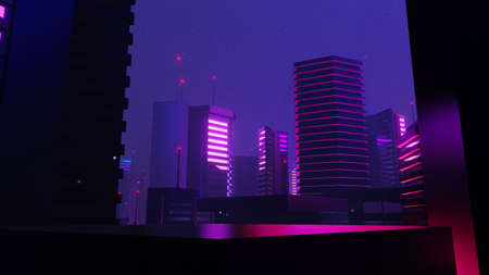 3d render of Cyber night mega city landscape scene. Light glowing and reflection on dark tech scene. Night life. Technology network for 5g. Beyond futuristic of Sci-Fi Capital city and building scene.の写真素材