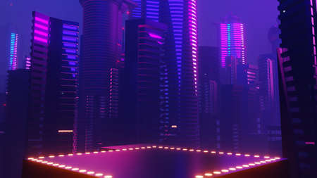 3d render of Cyber night mega city landscape scene. Light glowing and reflection on dark tech scene. Night life. Technology network for 5g. Beyond futuristic of Sci-Fi Capital city and building scene.の写真素材