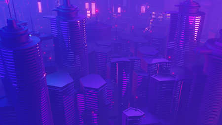 3d render of Cyber night mega city landscape scene. Light glowing and reflection on dark tech scene. Night life. Technology network for 5g. Beyond futuristic of Sci-Fi Capital city and building scene.の写真素材