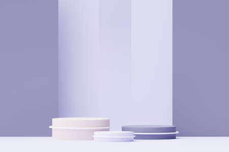 3d render Pastel Purple minimal background with podium stand. Purple stage platform for cosmetic product presentation and advertising. Studio scene with showcase pedestal in clean design.の写真素材