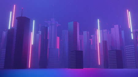 3d render of Cyber night mega city landscape scene. Light glowing and reflection on dark tech scene. Night life. Technology network for 5g. Beyond futuristic of Sci-Fi Capital city and building scene.の写真素材