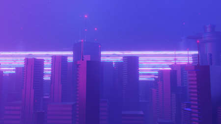 3d render of Cyber night mega city landscape scene. Light glowing and reflection on dark tech scene....