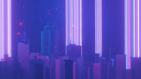 3d render of Cyber night mega city landscape scene. Light glowing and reflection on dark tech scene....