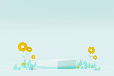 Abstract Pastel of nature, flowers leaves and tree plants with Podium stand platform. Cute Cartoon natural landscape background. Scene of spring colorful plants with minimal design. 3D Render.の写真素材