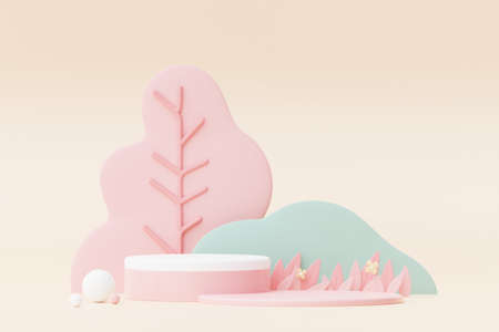 Abstract Pastel of nature, flowers leaves and tree plants with Podium stand platform. Cute Cartoon natural landscape background. Scene of spring colorful plants with minimal design. 3D Render.の写真素材