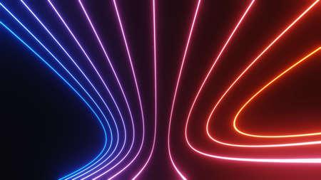 Abstract colorful neon glowing light background. Speed light illuminated. Florescent on the dark scene. Curvy moving line shape. 3D render.の写真素材