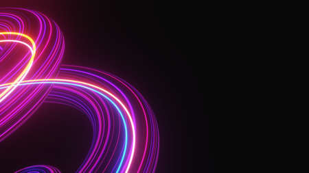 Abstract colorful neon glowing light background. Speed light illuminated. Florescent on the dark scene. Curvy moving line shape. 3D render.の写真素材