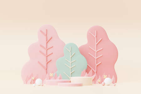 Abstract Pastel of nature, flowers leaves and tree plants with Podium stand platform. Cute Cartoon natural landscape background. Scene of spring colorful plants with minimal design. 3D Render.の写真素材