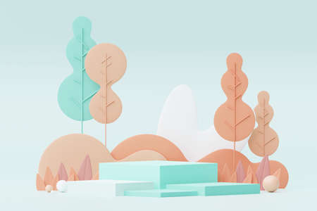 Abstract Pastel of nature, flowers leaves and tree plants with Podium stand platform. Cute Cartoon natural landscape background. Scene of spring colorful plants with minimal design. 3D Render.の写真素材