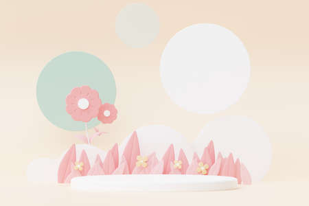 Abstract Pastel of nature, flowers leaves and tree plants with Podium stand platform. Cute Cartoon natural landscape background. Scene of spring colorful plants with minimal design. 3D Render.の写真素材