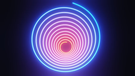 Abstract colorful neon glowing light background. Speed light illuminated. Florescent on the dark scene. Curvy moving line shape. 3D render.の写真素材
