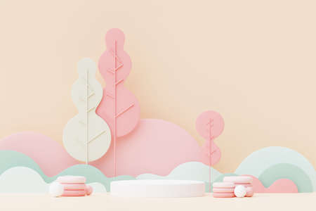Abstract Pastel of nature, flowers leaves and tree plants with Podium stand platform. Cute Cartoon natural landscape background. Scene of spring colorful plants with minimal design. 3D Render.の写真素材