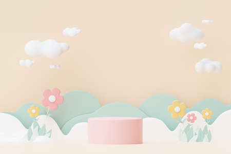 Abstract Pastel of nature, flowers leaves and tree plants with Podium stand platform. Cute Cartoon natural landscape background. Scene of spring colorful plants with minimal design. 3D Render.の写真素材