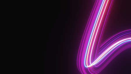 Abstract colorful neon glowing light background. Speed light illuminated. Florescent on the dark scene. Curvy moving line shape. 3D render.の写真素材