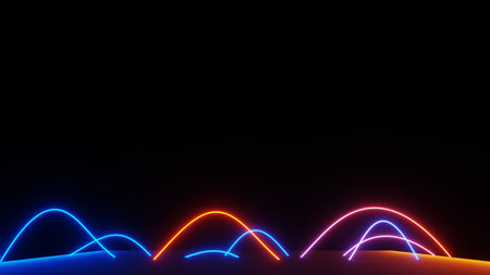 Abstract colorful neon glowing light background. Speed light illuminated. Florescent on the dark scene. Curvy moving line shape. 3D render.の写真素材