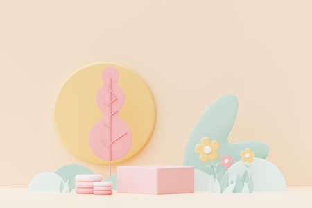 Abstract Pastel of nature, flowers leaves and tree plants with Podium stand platform. Cute Cartoon natural landscape background. Scene of spring colorful plants with minimal design. 3D Render.の写真素材