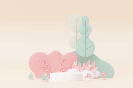Abstract Pastel of nature, flowers leaves and tree plants with Podium stand platform. Cute Cartoon...