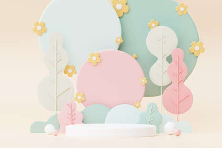 Abstract Pastel of nature, flowers leaves and tree plants with Podium stand platform. Cute Cartoon natural landscape background. Scene of spring colorful plants with minimal design. 3D Render.の写真素材
