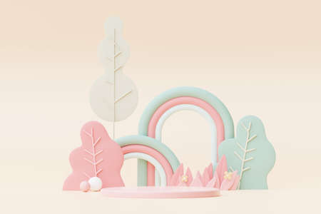 Abstract Pastel of nature, flowers leaves and tree plants with Podium stand platform. Cute Cartoon natural landscape background. Scene of spring colorful plants with minimal design. 3D Render.の写真素材