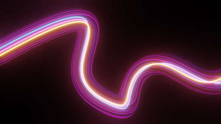 Abstract colorful neon glowing light background. Speed light illuminated. Florescent on the dark scene. Curvy moving line shape. 3D render.の写真素材