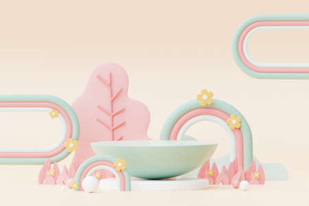 Abstract Pastel of nature, flowers leaves and tree plants with Podium stand platform. Cute Cartoon natural landscape background. Scene of spring colorful plants with minimal design. 3D Render.の写真素材