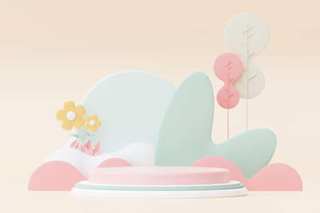 Abstract Pastel of nature, flowers leaves and tree plants with Podium stand platform. Cute Cartoon natural landscape background. Scene of spring colorful plants with minimal design. 3D Render.の写真素材