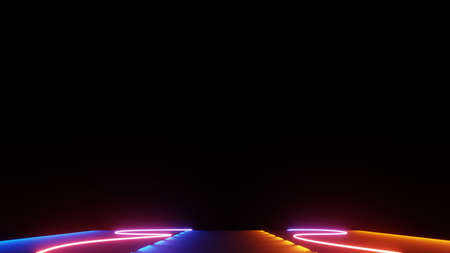 Abstract colorful neon glowing light background. Speed light illuminated. Florescent on the dark scene. Curvy moving line shape. 3D render.の写真素材