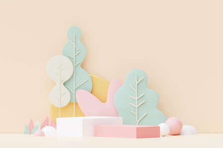 Abstract Pastel of nature, flowers leaves and tree plants with Podium stand platform. Cute Cartoon natural landscape background. Scene of spring colorful plants with minimal design. 3D Render.の写真素材